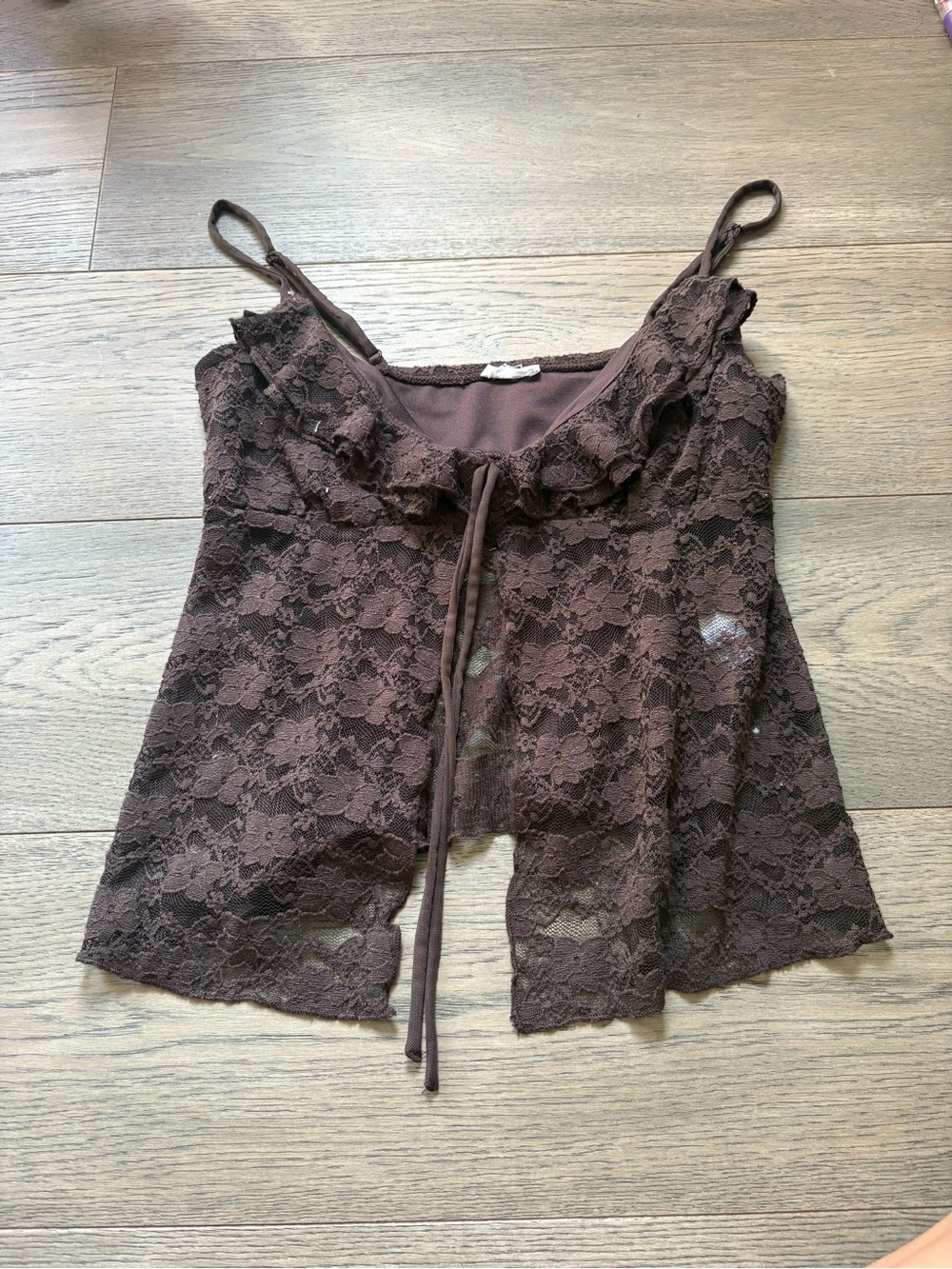 Garage Brown Lace Ruffle Camisole Tank Top